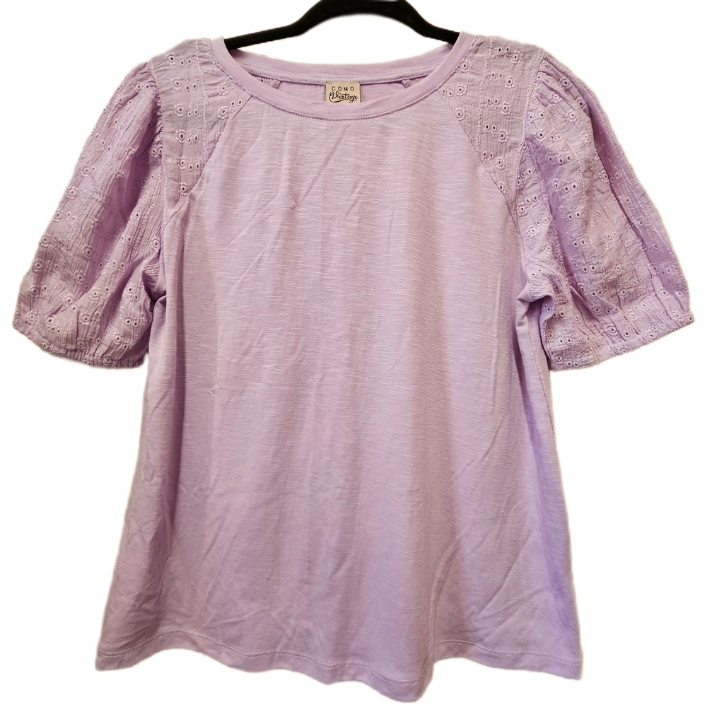 Como Vintage Lavender Purple Floral Eyelet Short Sleeve Slub Knit Top Size Small
